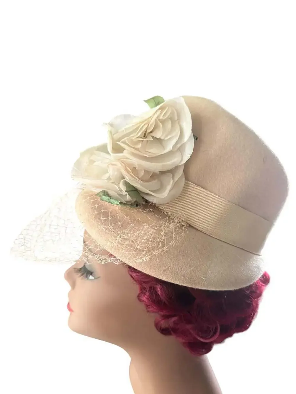 Vintage 1940s Beige Felt Brimmed Bucket Hats for Women, Large White Flower, Veil